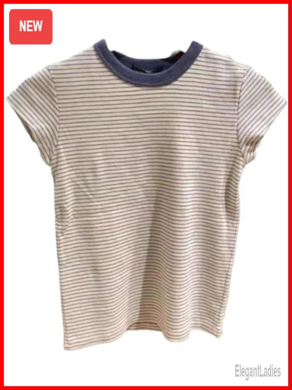 Striped Short Sleeve Crew Neck T Shirt Contrast Trim Slim Fit Knit Cotton Top